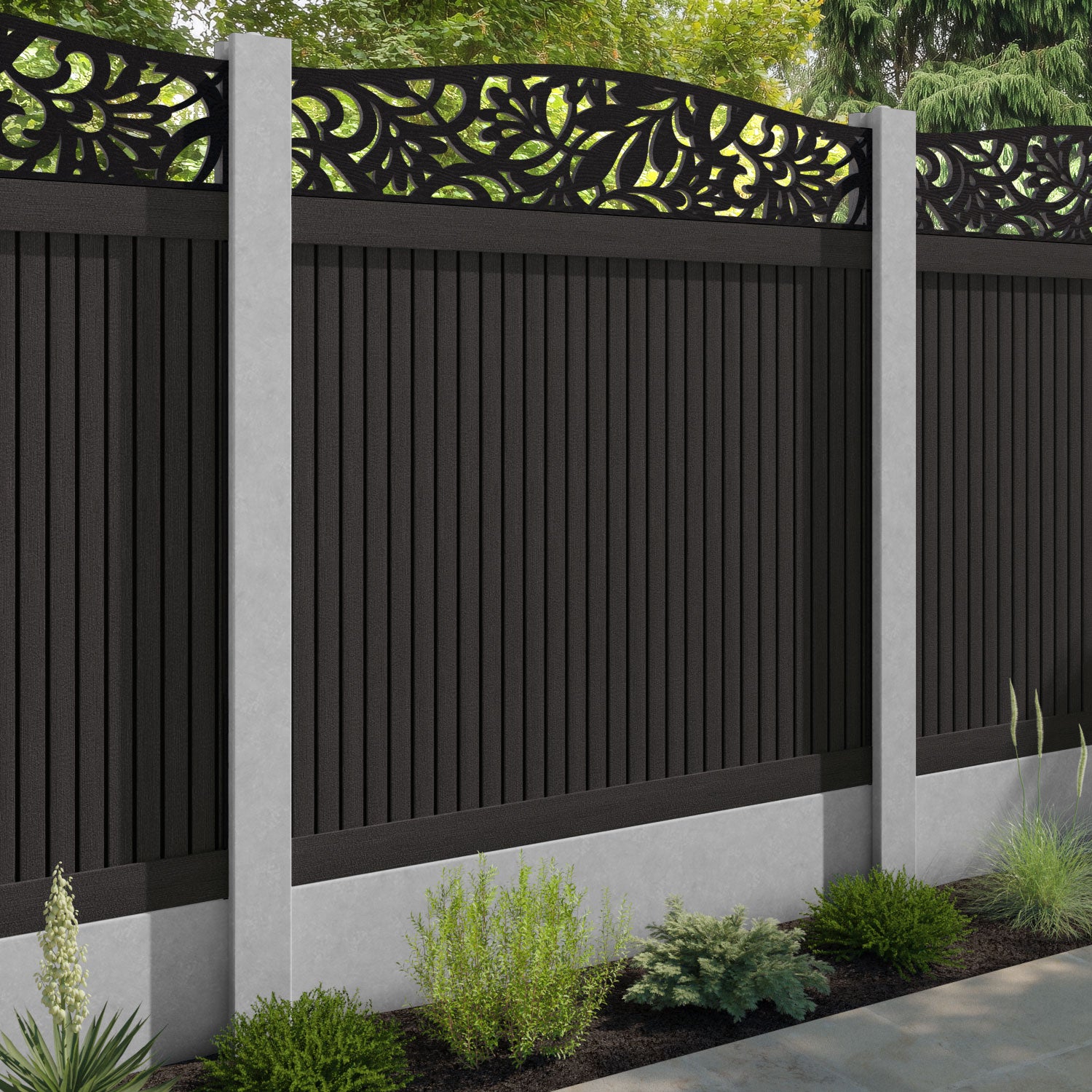 Virtis Heritage Curved Top Fence Panel - Dark Oak - for existing concrete posts