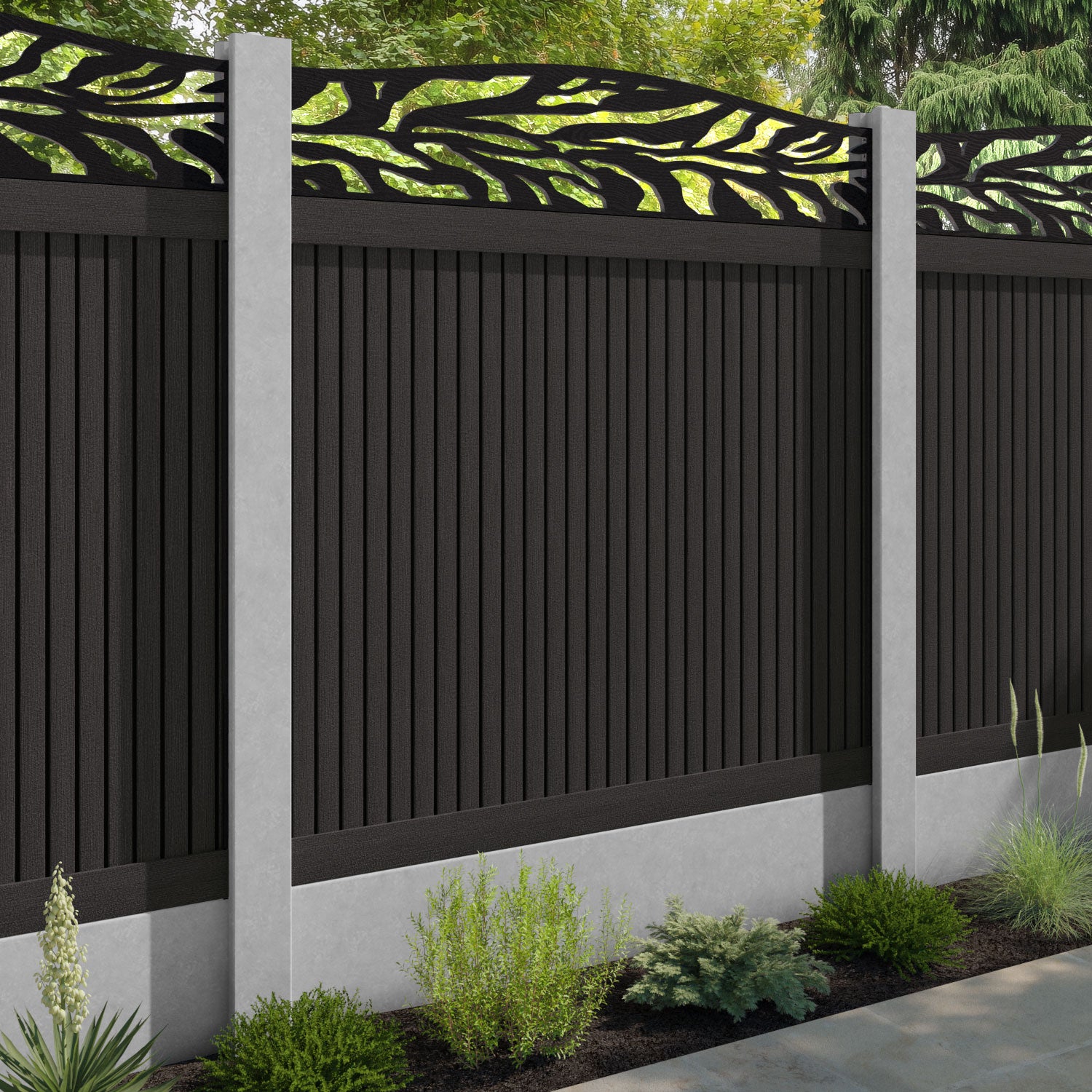 Virtis Malawi Curved Top Fence Panel - Dark Oak - for existing concrete posts