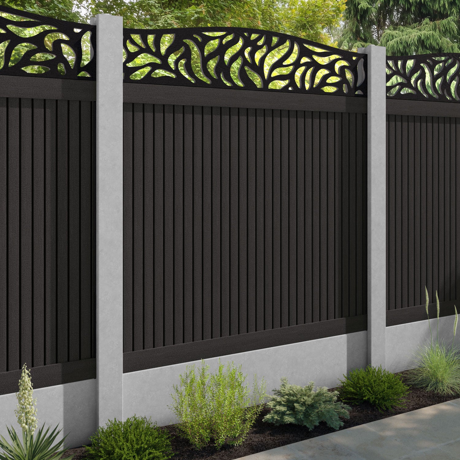 Virtis Plume Curved Top Fence Panel - Dark Oak - for existing concrete posts