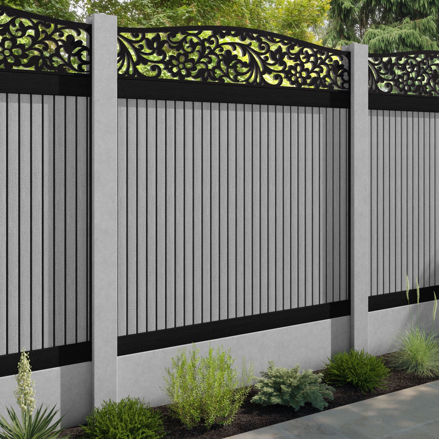 Virtis Eden Curved Top Fence Panel - Light Grey - for existing concrete posts