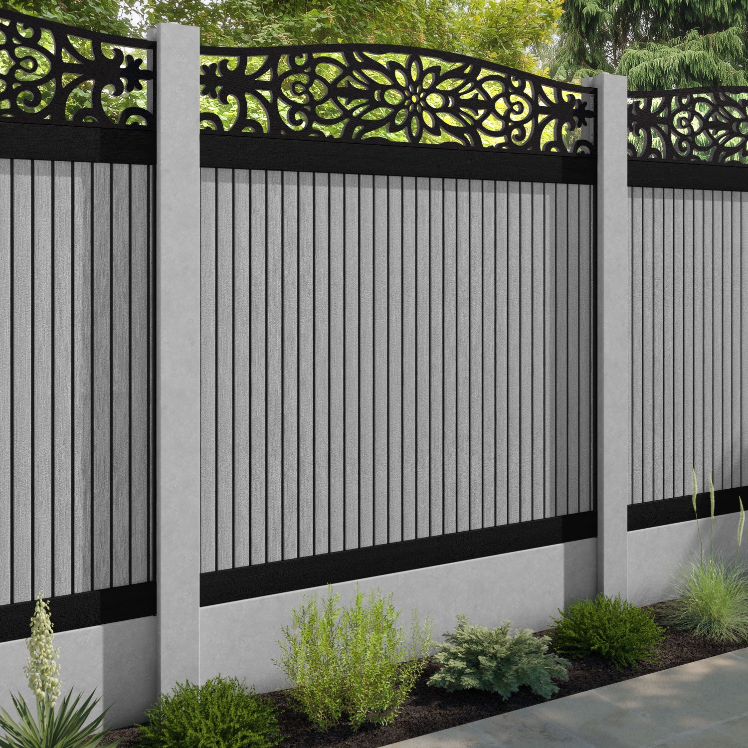 Virtis Windsor Curved Top Fence Panel - Light Grey - for existing concrete posts