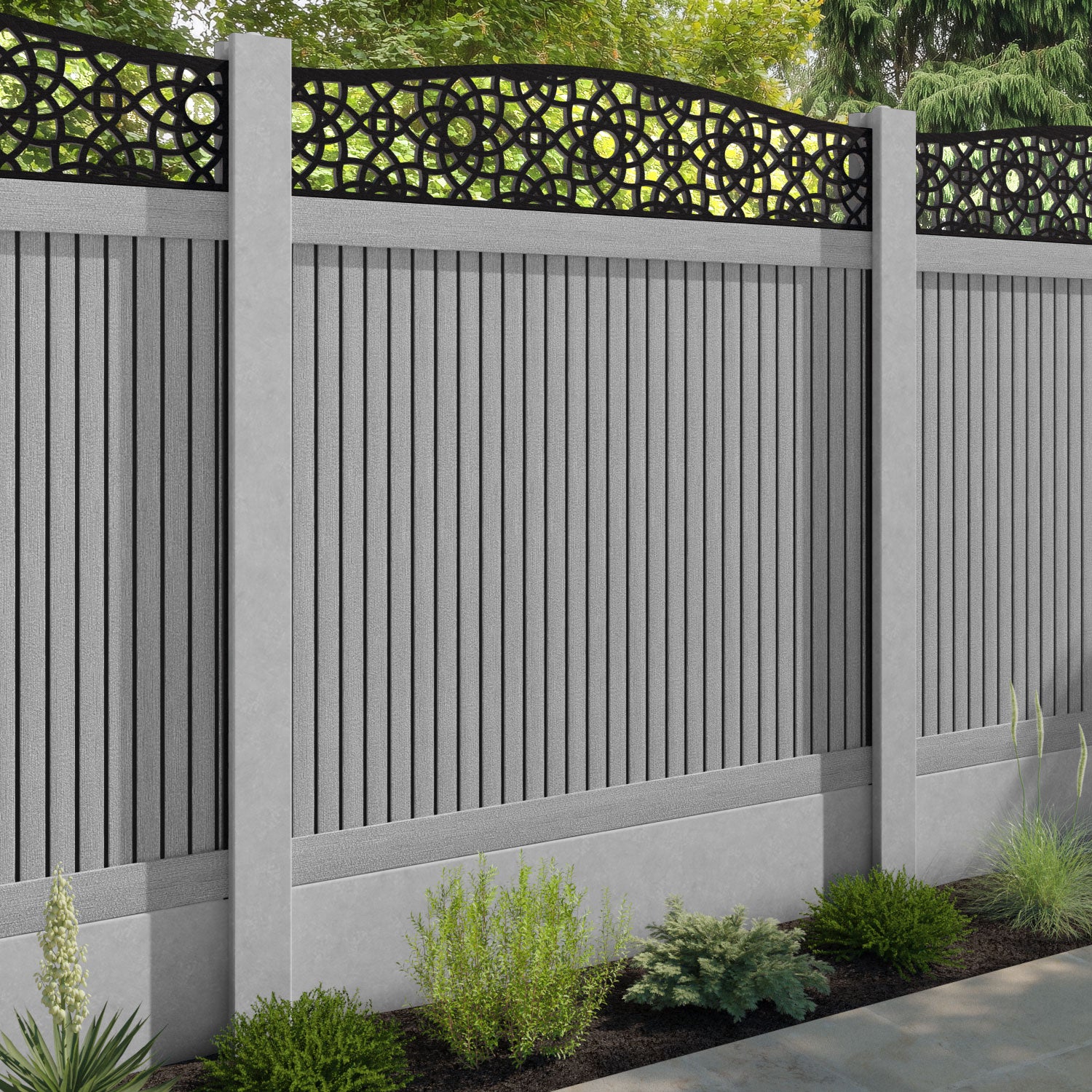Virtis Ambar Curved Top Fence Panel - Light Grey - for existing concrete posts