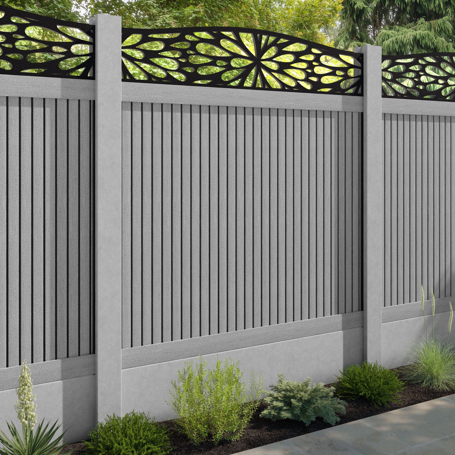 Virtis Blossom Curved Top Fence Panel - Light Grey - for existing concrete posts
