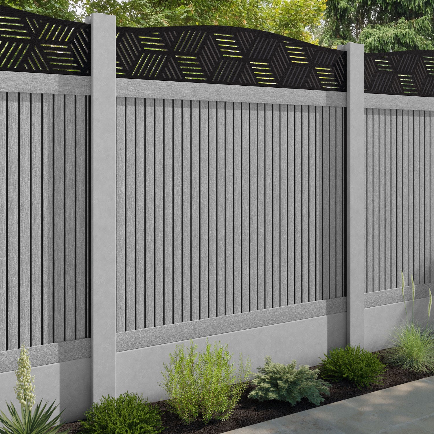 Virtis Cubed Curved Top Fence Panel - Light Grey - for existing concrete posts