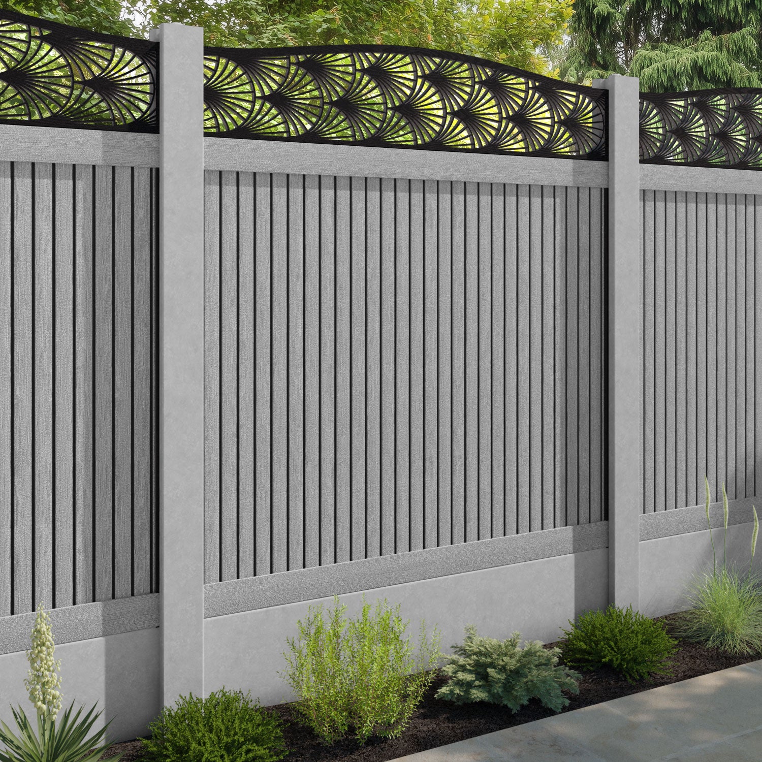 Virtis Laurel Curved Top Fence Panel - Light Grey - for existing concrete posts