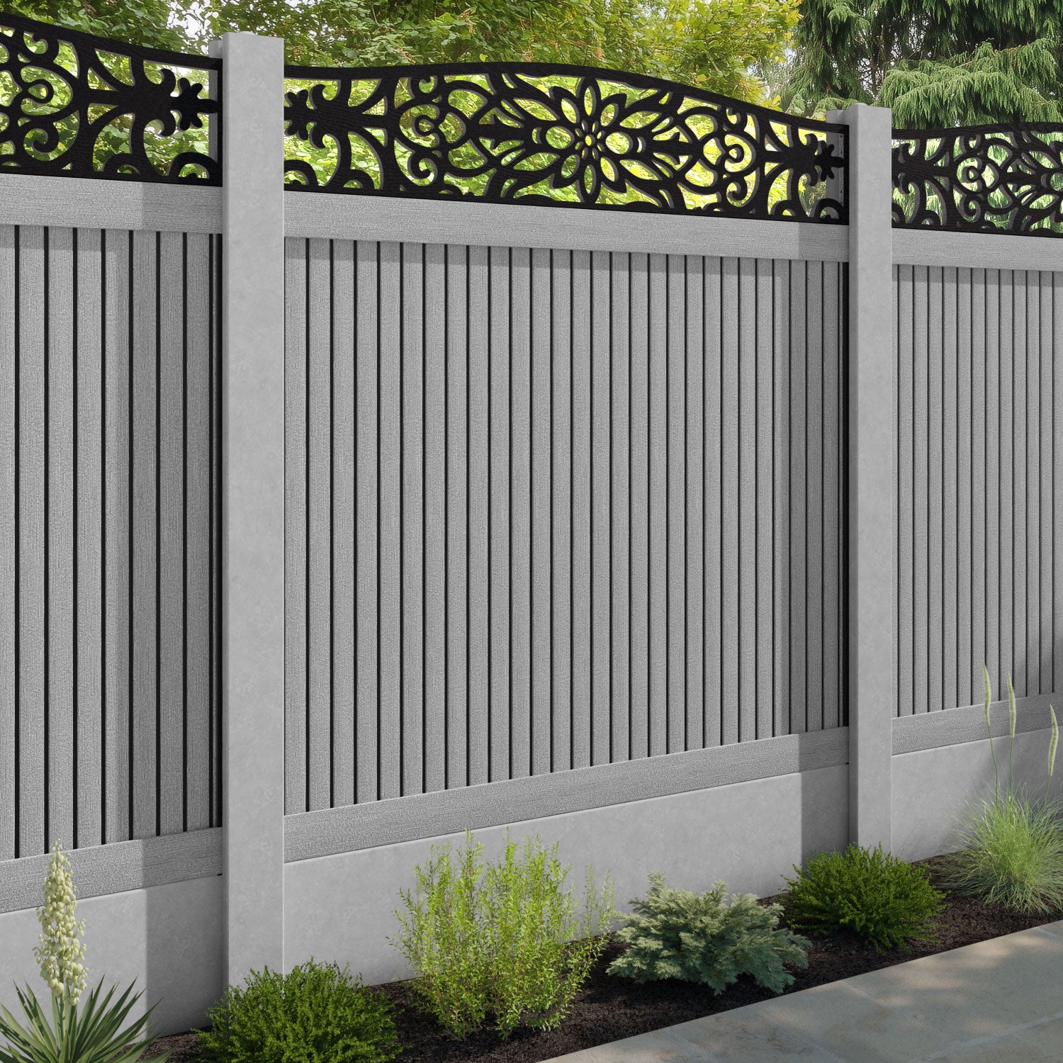 Virtis Windsor Curved Top Fence Panel - Light Grey - for existing concrete posts