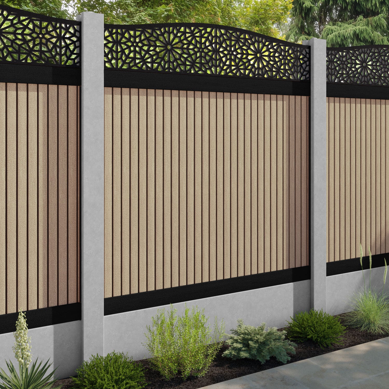 Virtis Alnara Curved Top Fence Panel - Light Oak - for existing concrete posts