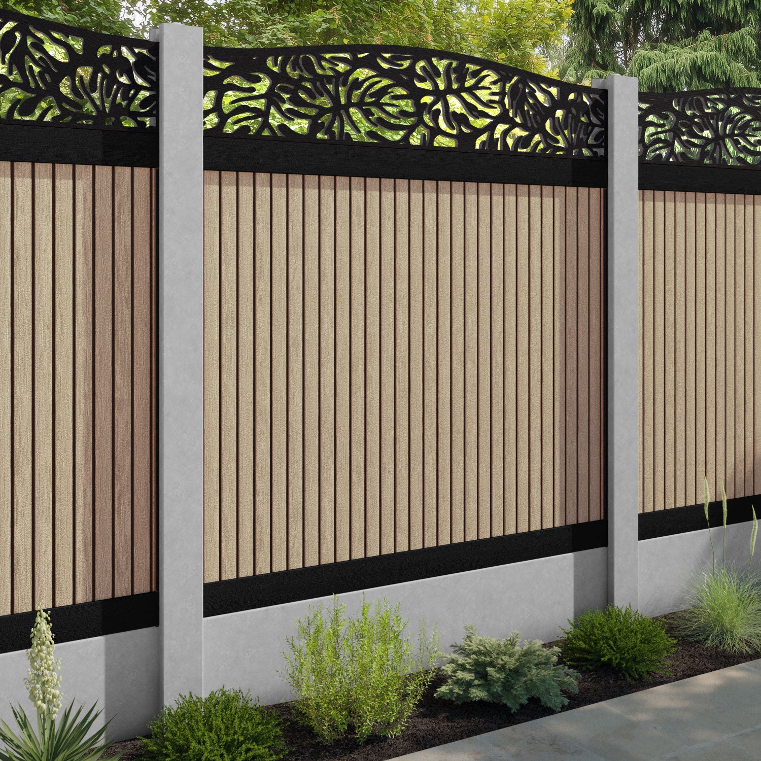 Virtis Botanic Curved Top Fence Panel - Light Oak - for existing concrete posts