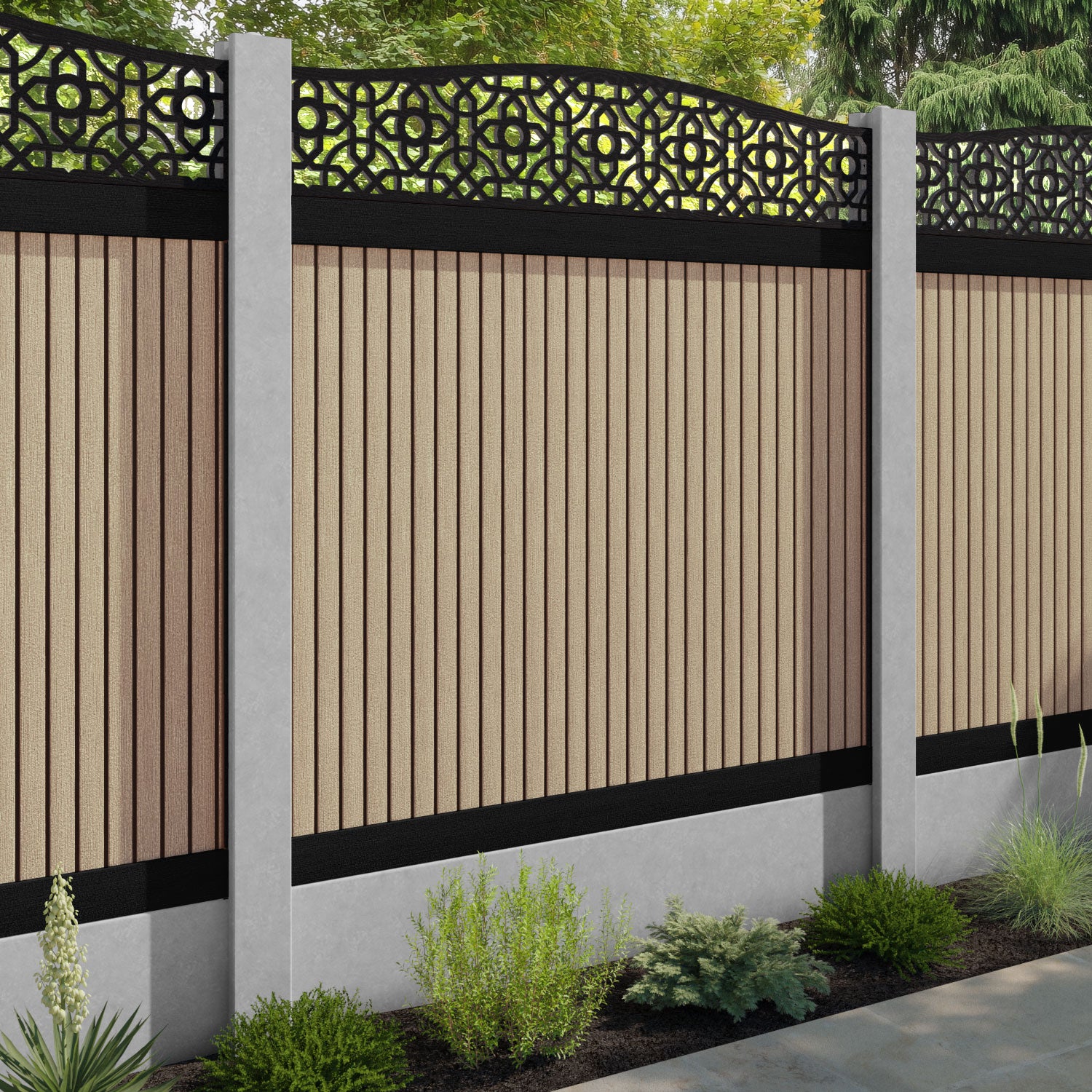 Virtis Nabila Curved Top Fence Panel - Light Oak - for existing concrete posts