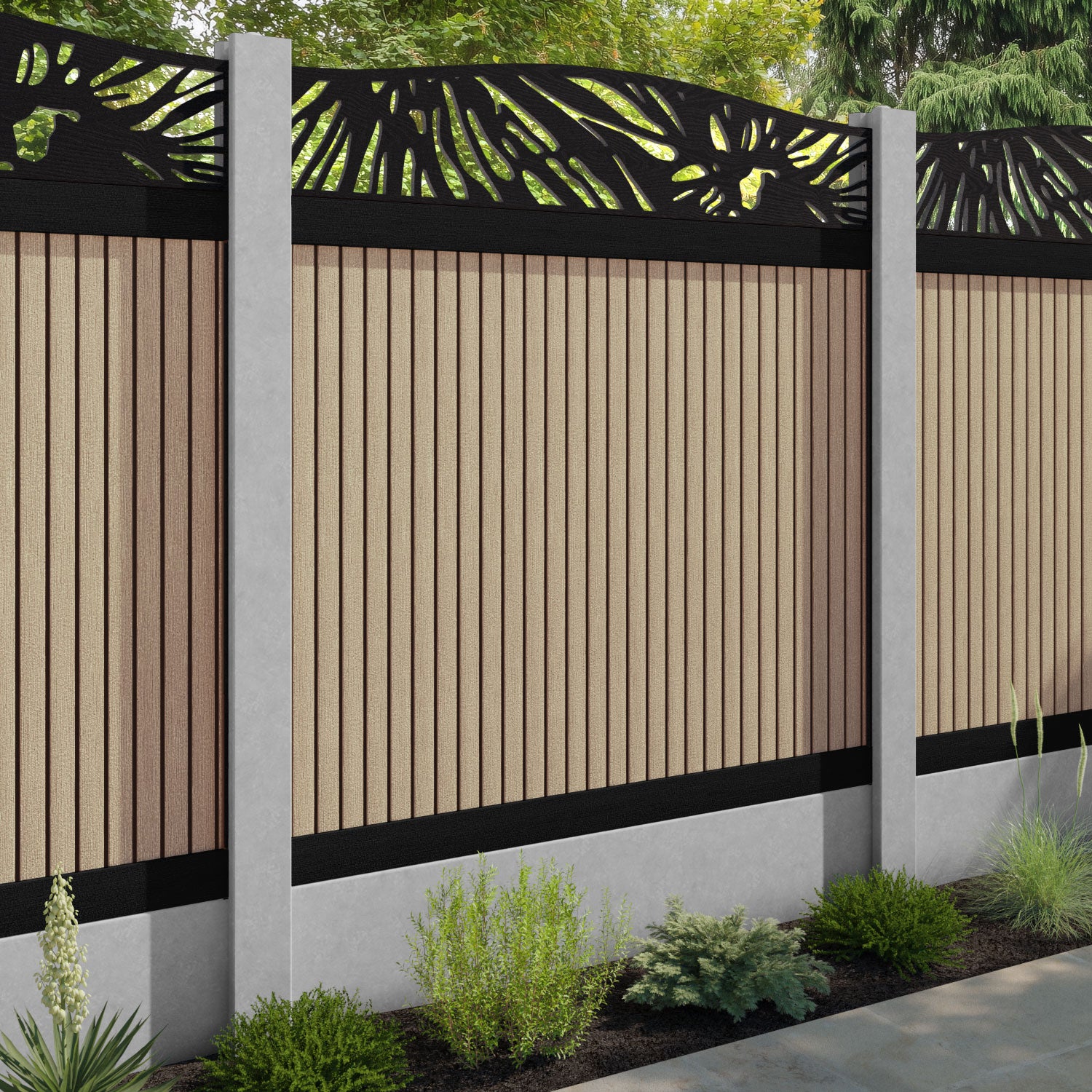 Virtis Poppy Curved Top Fence Panel - Light Oak - for existing concrete posts
