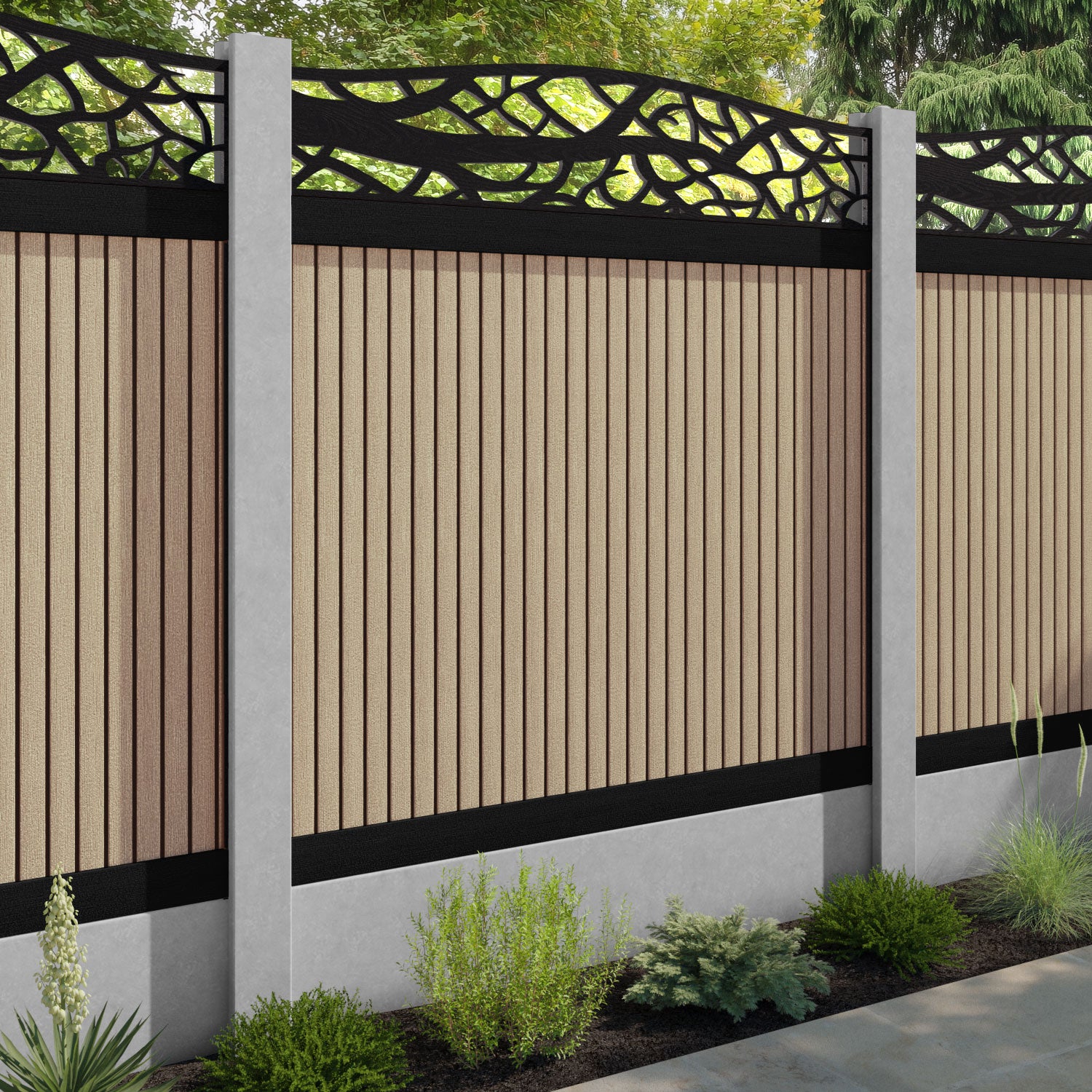 Virtis Twilight Curved Top Fence Panel - Light Oak - for existing concrete posts