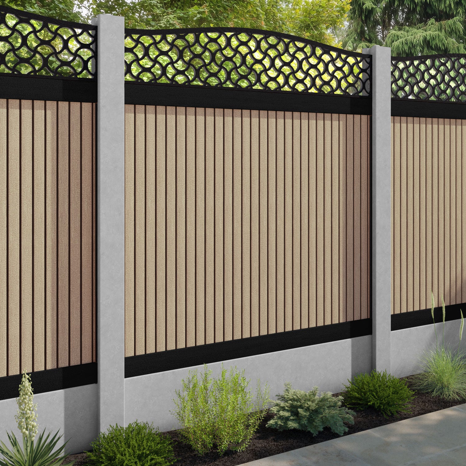 Virtis Vida Curved Top Fence Panel - Light Oak - for existing concrete posts