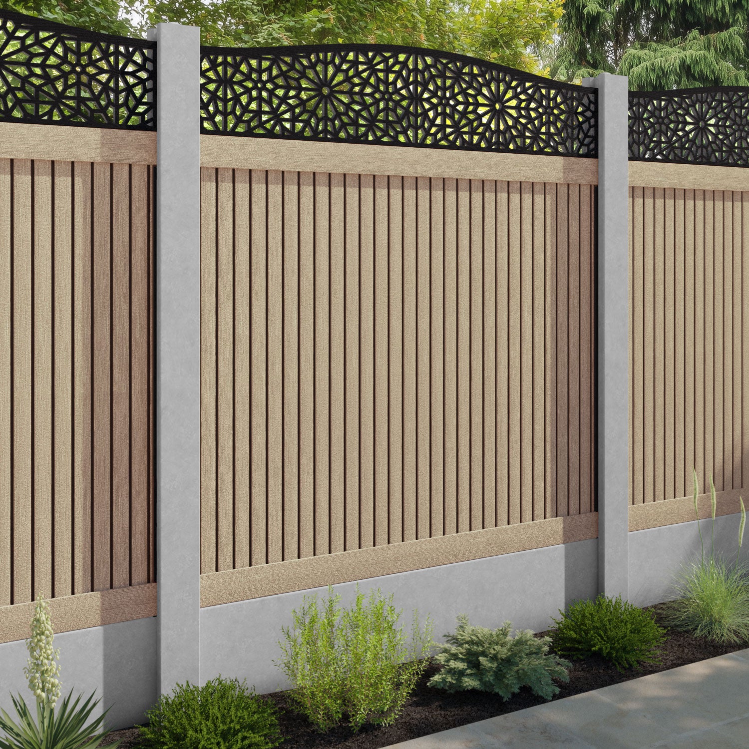Virtis Alnara Curved Top Fence Panel - Light Oak - for existing concrete posts