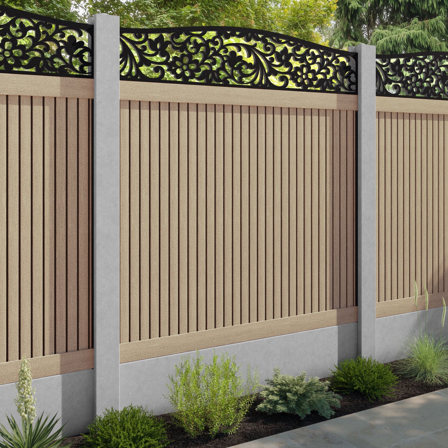 Virtis Eden Curved Top Fence Panel - Light Oak - for existing concrete posts