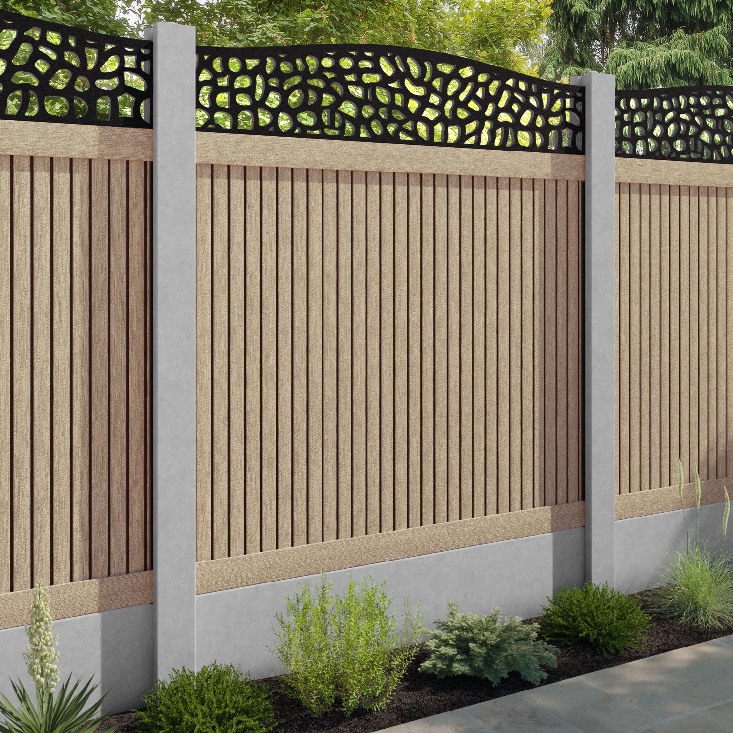 Virtis Pebble Curved Top Fence Panel - Light Oak - for existing concrete posts