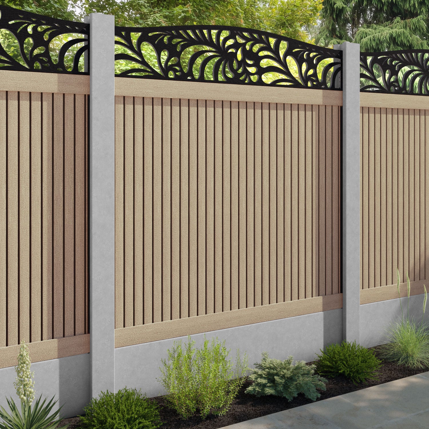 Virtis Petal Curved Top Fence Panel - Light Oak - for existing concrete posts