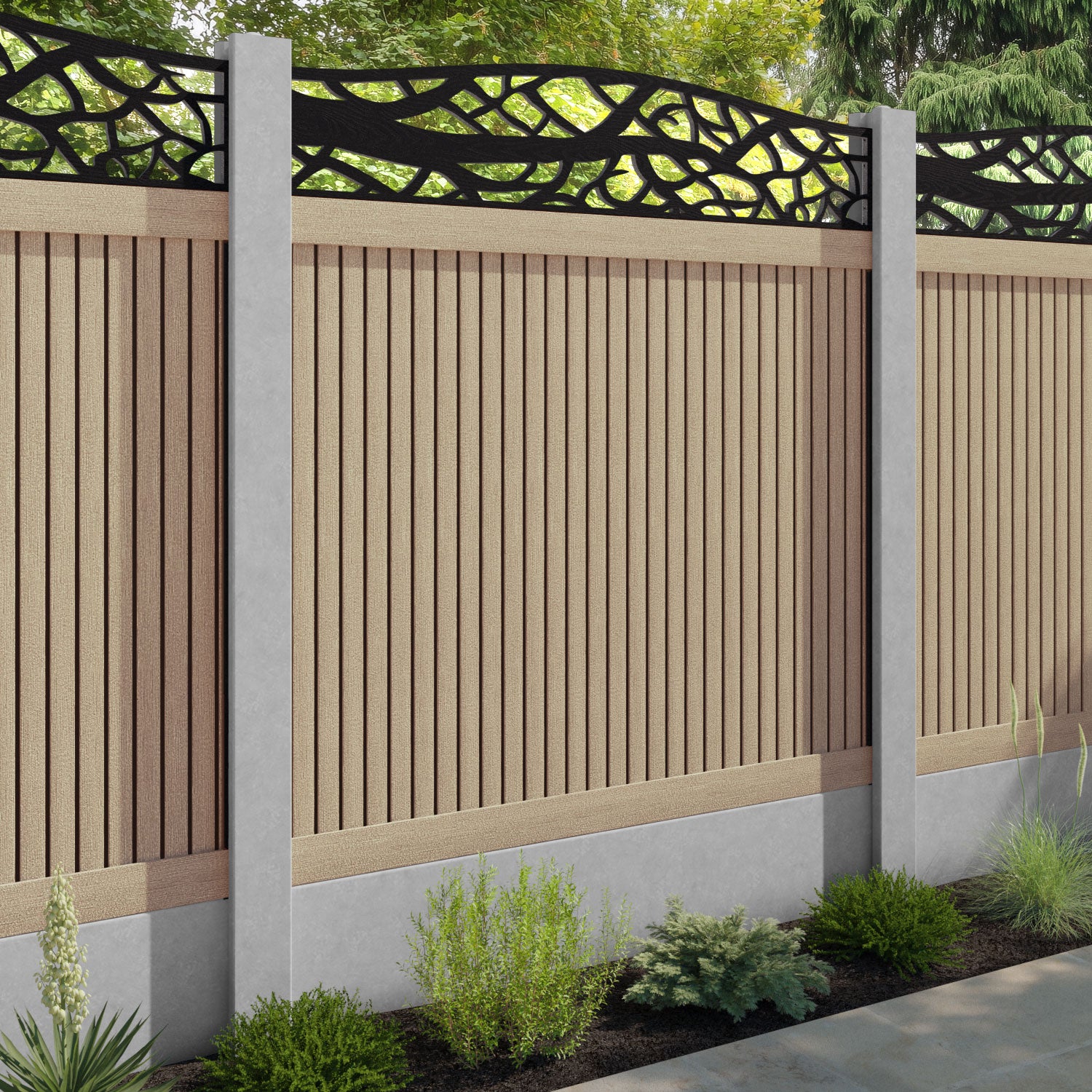 Virtis Twilight Curved Top Fence Panel - Light Oak - for existing concrete posts