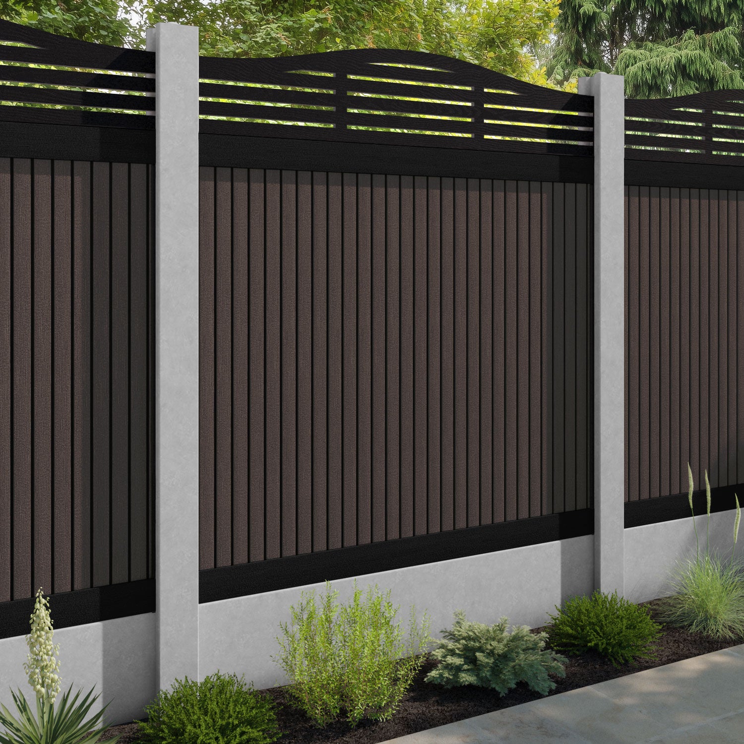 Virtis Aspen Curved Top Fence Panel - Mid Brown - for existing concrete posts