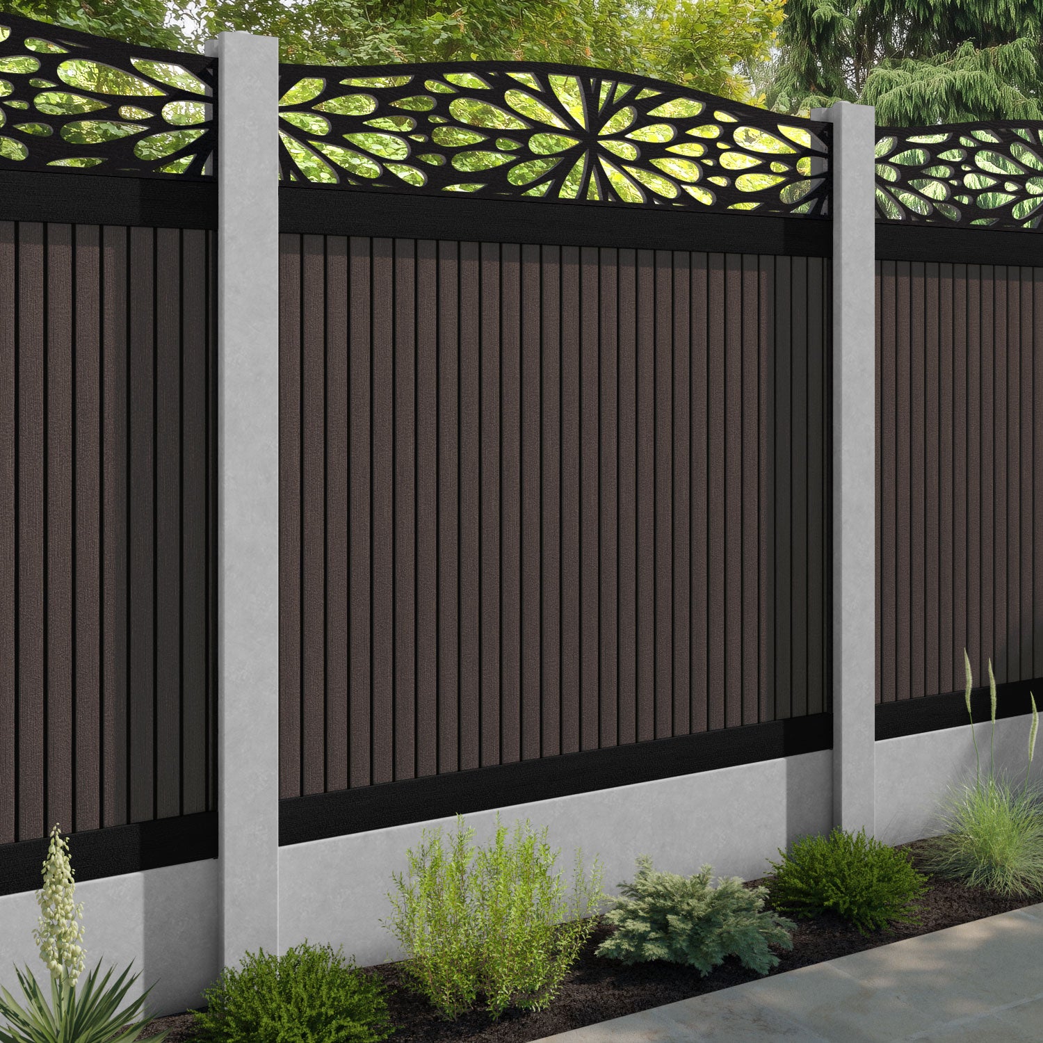 Virtis Blossom Curved Top Fence Panel - Mid Brown - for existing concrete posts