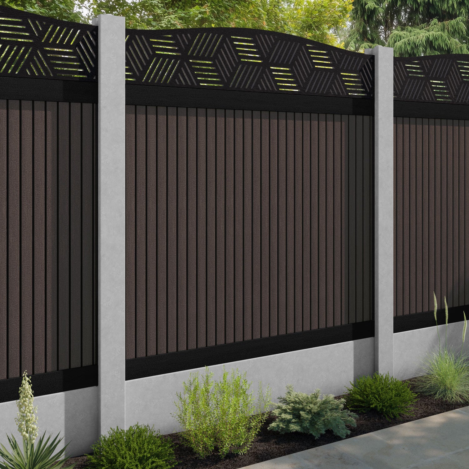 Virtis Cubed Curved Top Fence Panel - Mid Brown - for existing concrete posts