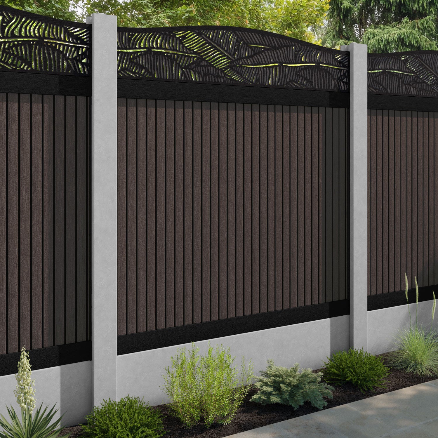 Virtis Feather Curved Top Fence Panel - Mid Brown - for existing concrete posts