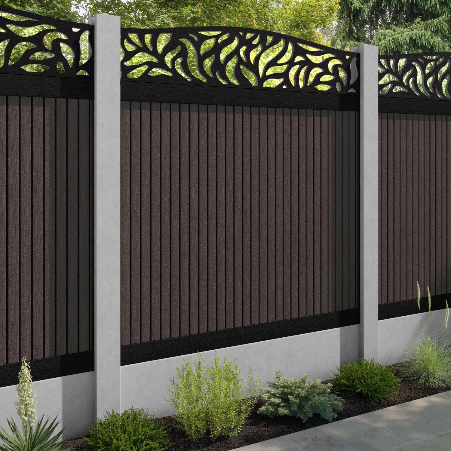 Virtis Plume Curved Top Fence Panel - Mid Brown - for existing concrete posts