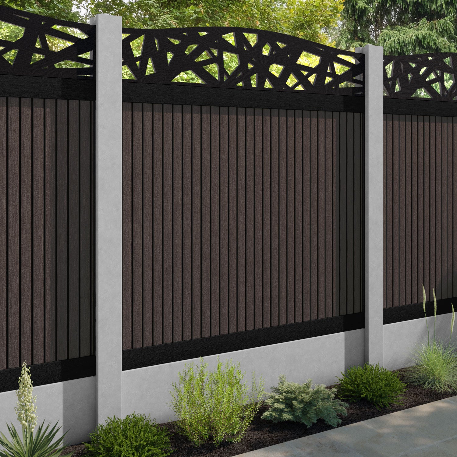 Virtis Prism Curved Top Fence Panel - Mid Brown - for existing concrete posts