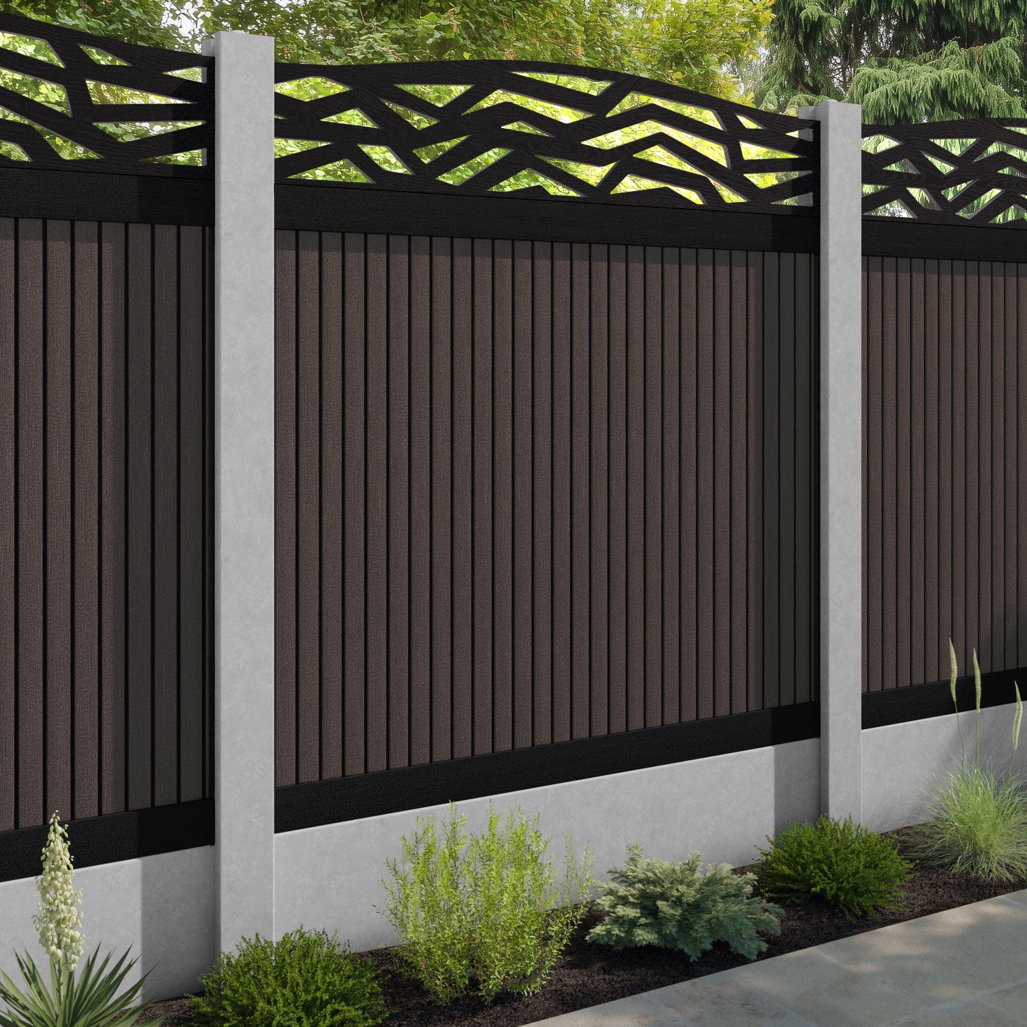 Virtis Zenith Curved Top Fence Panel - Mid Brown - for existing concrete posts
