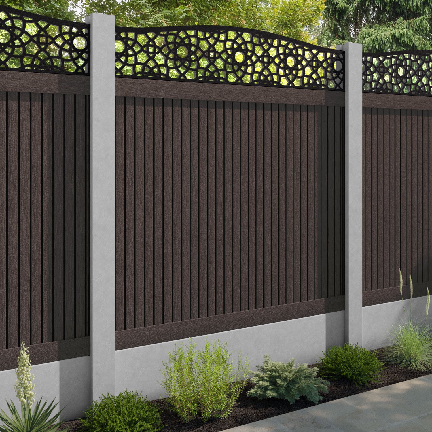 Virtis Ambar Curved Top Fence Panel - Mid Brown - for existing concrete posts