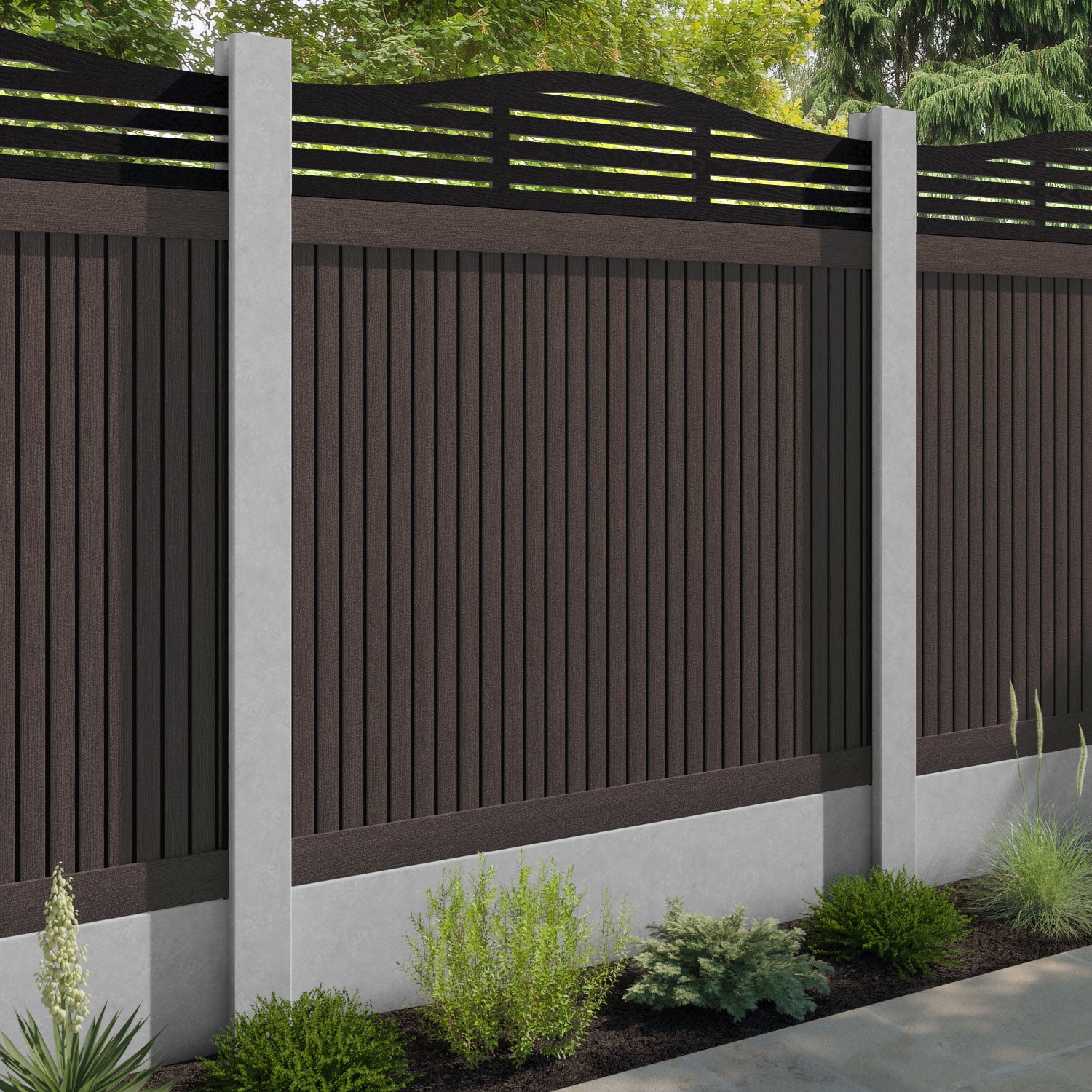 Virtis Aspen Curved Top Fence Panel - Mid Brown - for existing concrete posts