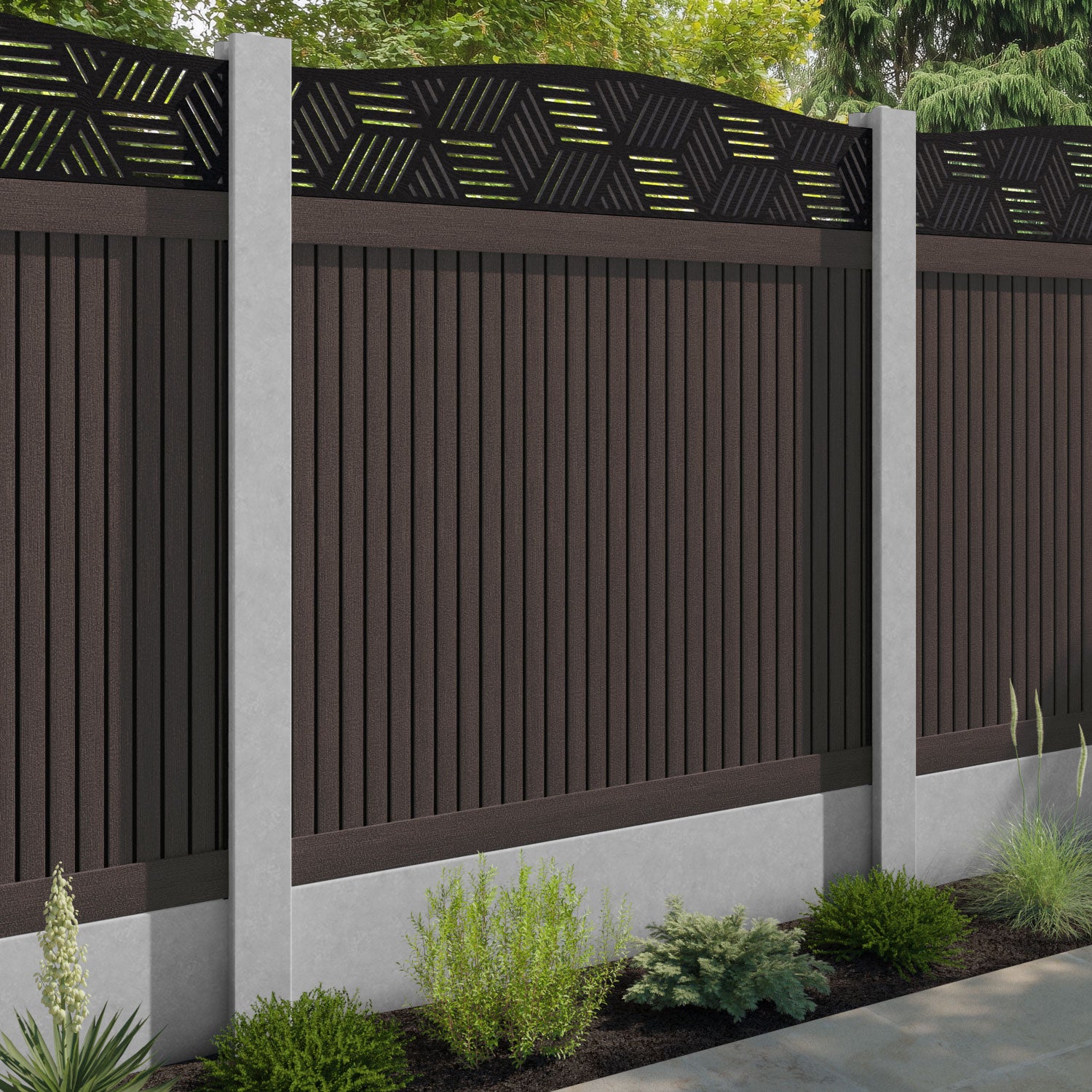 Virtis Cubed Curved Top Fence Panel - Mid Brown - for existing concrete posts