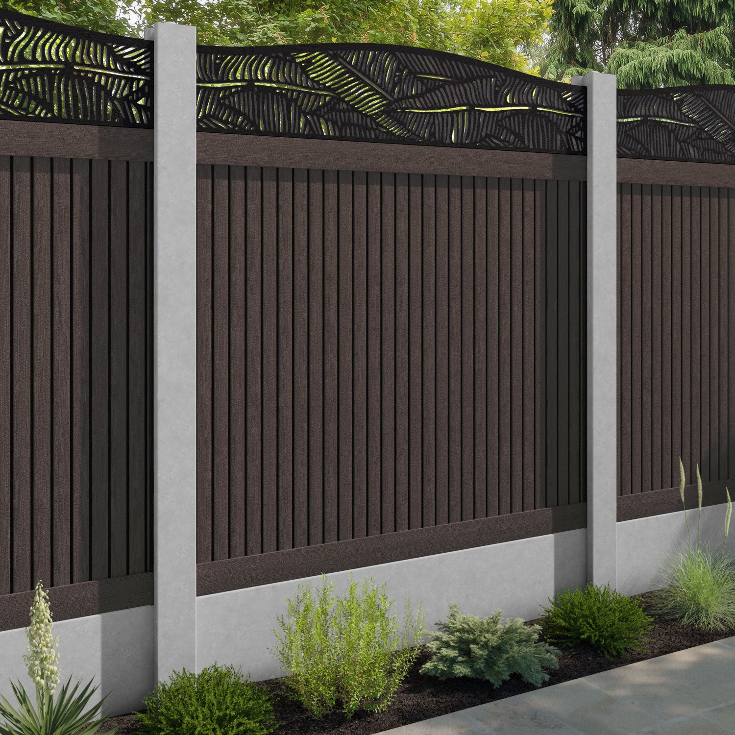 Virtis Feather Curved Top Fence Panel - Mid Brown - for existing concrete posts