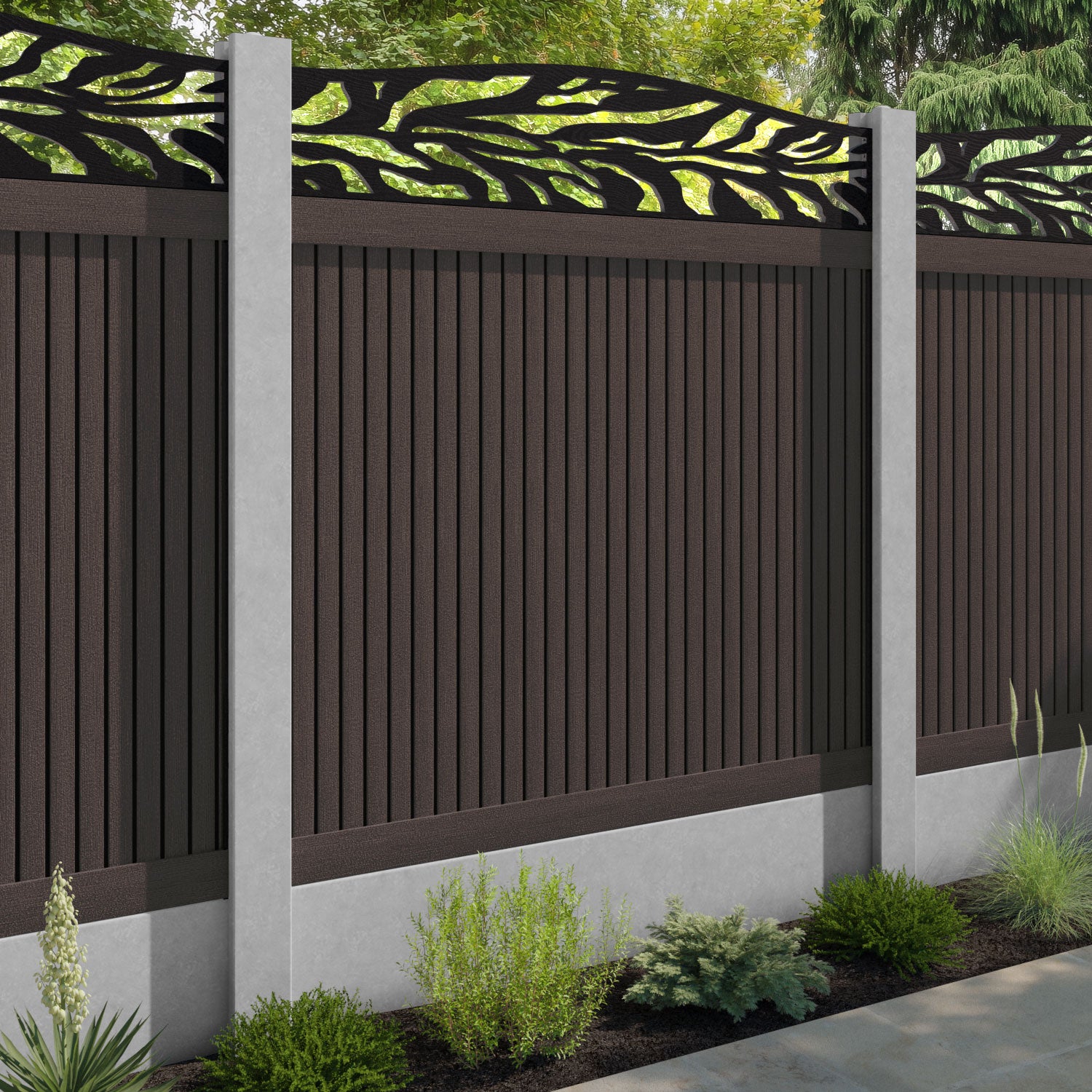 Virtis Malawi Curved Top Fence Panel - Mid Brown - for existing concrete posts