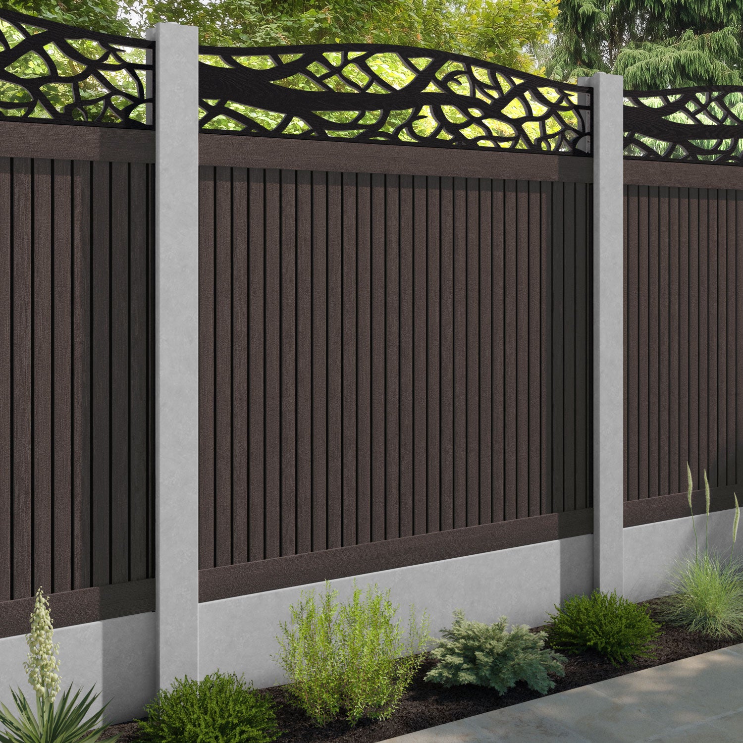 Virtis Twilight Curved Top Fence Panel - Mid Brown - for existing concrete posts