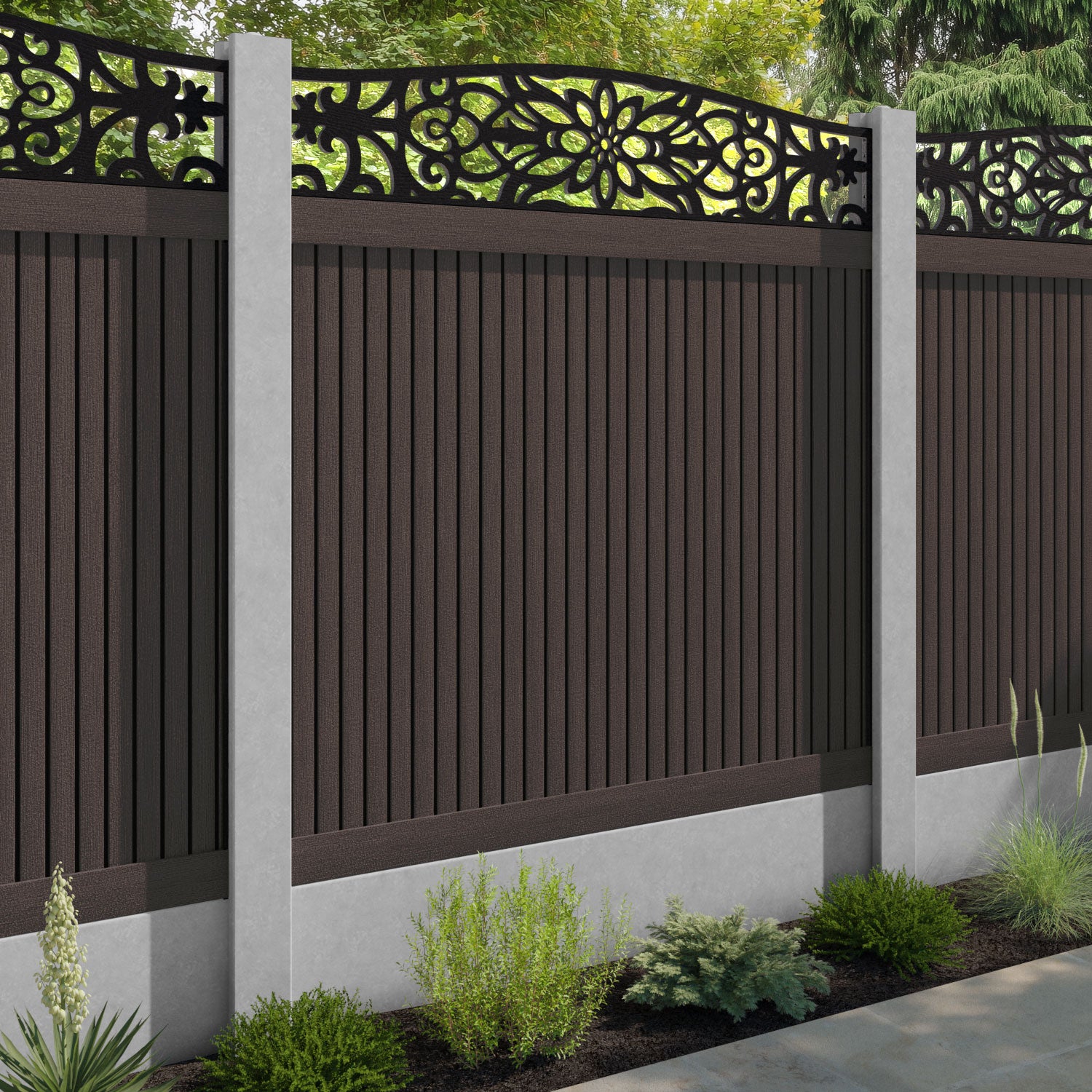 Virtis Windsor Curved Top Fence Panel - Mid Brown - for existing concrete posts