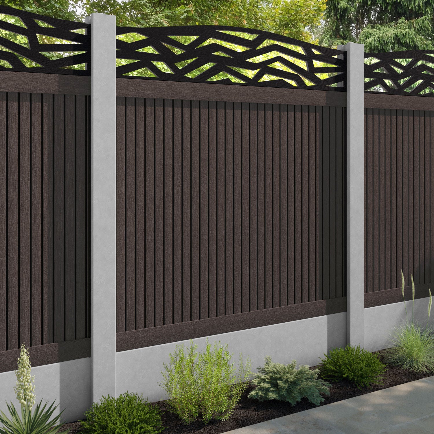 Virtis Zenith Curved Top Fence Panel - Mid Brown - for existing concrete posts