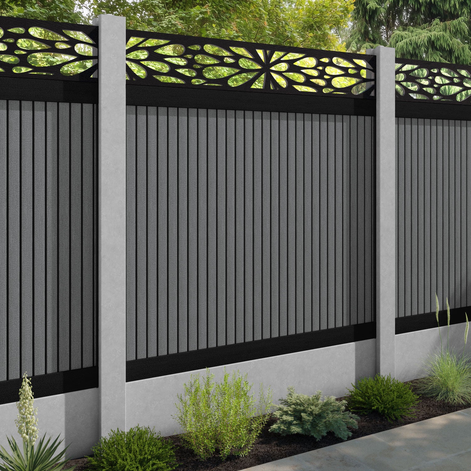 Virtis Blossom Fence Panel - Mid Grey - for existing concrete posts