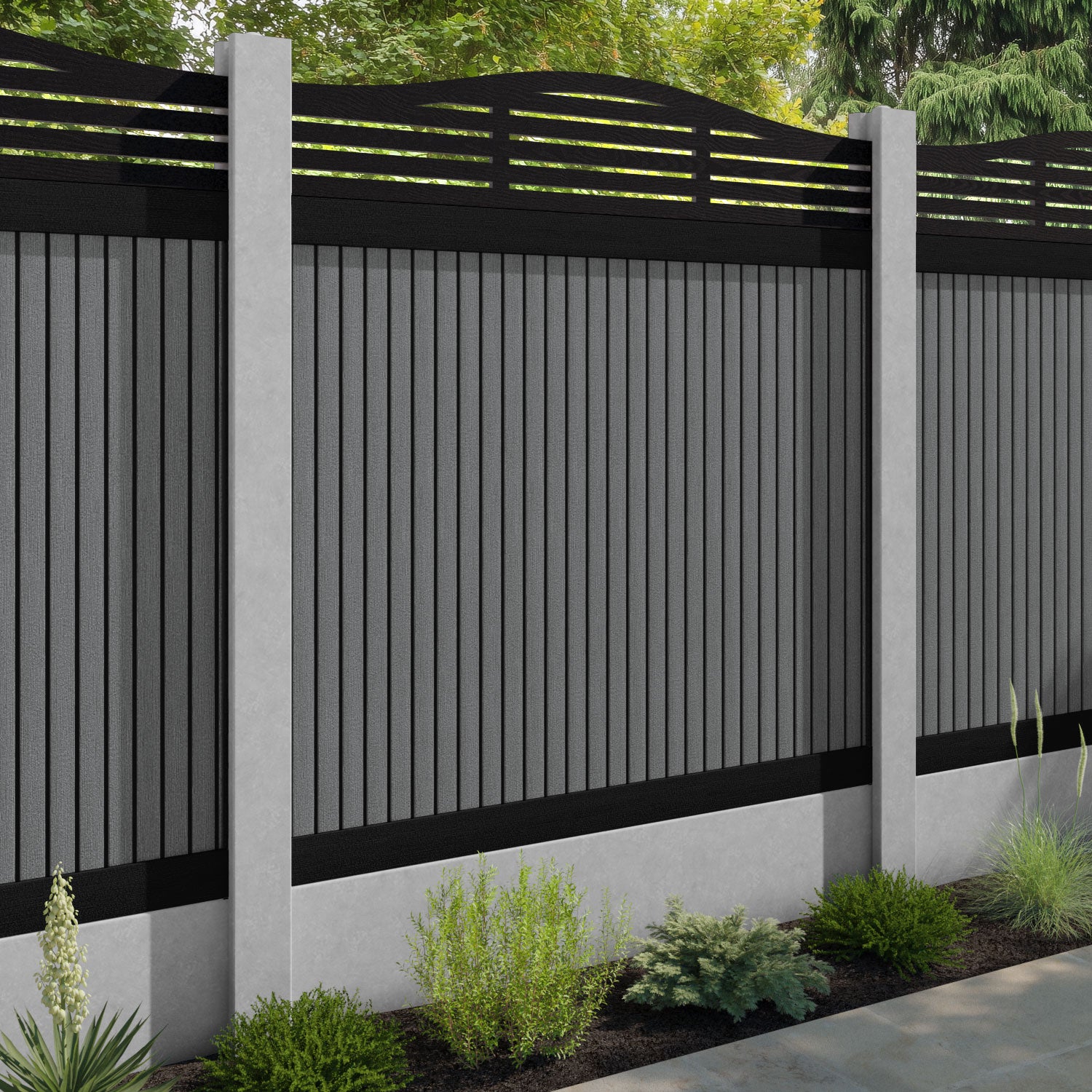 Virtis Aspen Curved Top Fence Panel - Mid Grey - for existing concrete posts