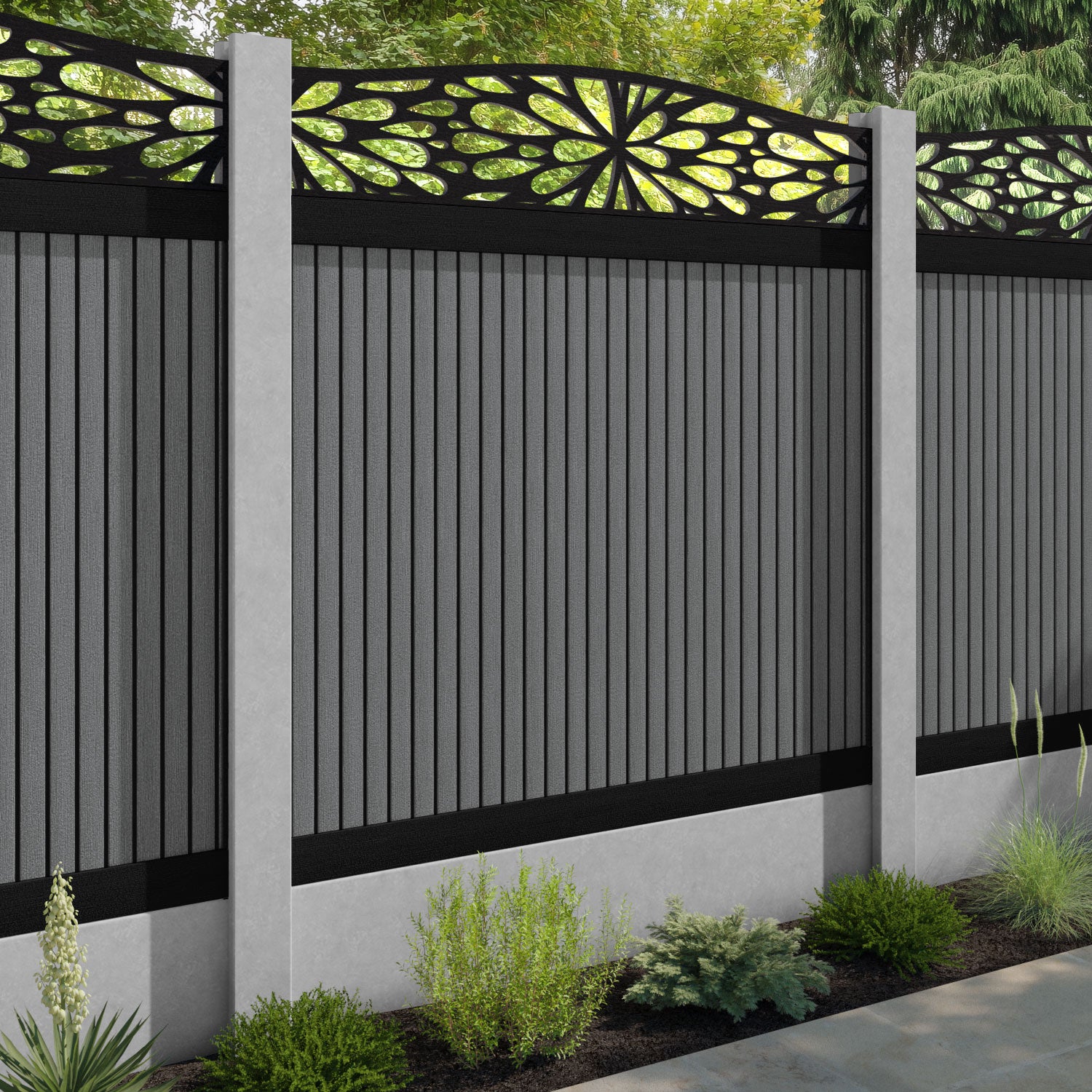 Virtis Blossom Curved Top Fence Panel - Mid Grey - for existing concrete posts