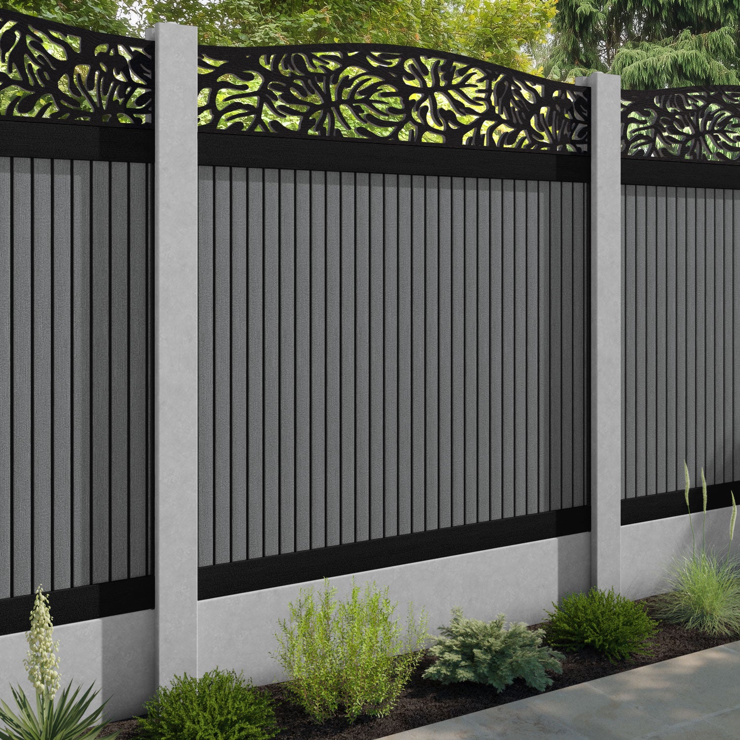 Virtis Botanic Curved Top Fence Panel - Mid Grey - for existing concrete posts