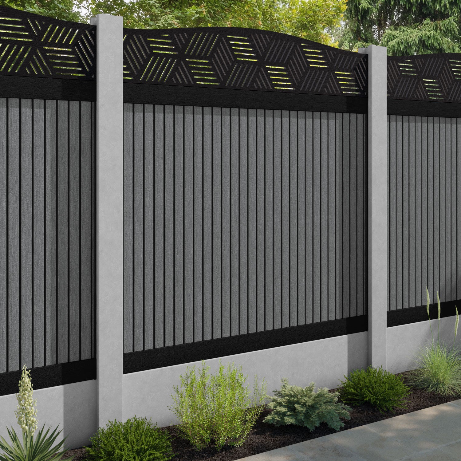 Virtis Cubed Curved Top Fence Panel - Mid Grey - for existing concrete posts