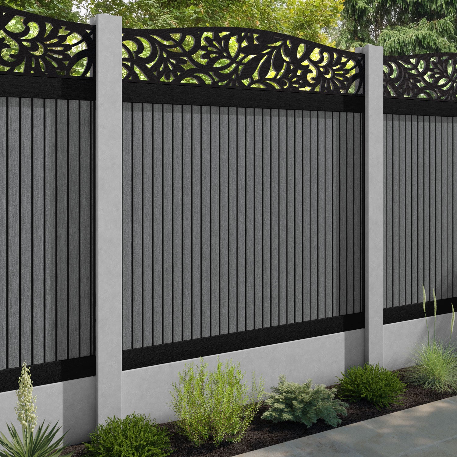 Virtis Heritage Curved Top Fence Panel - Mid Grey - for existing concrete posts