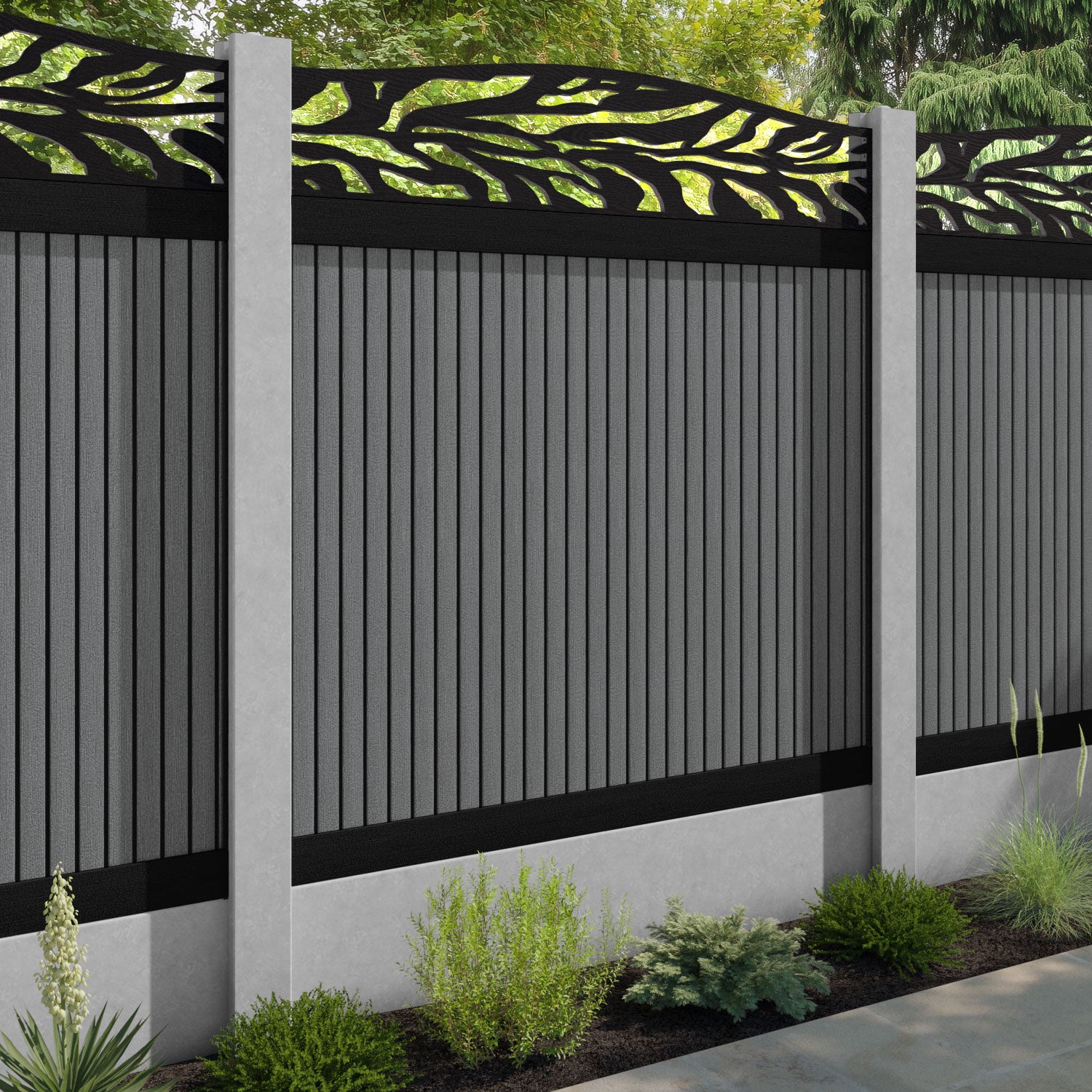 Virtis Malawi Curved Top Fence Panel - Mid Grey - for existing concrete posts