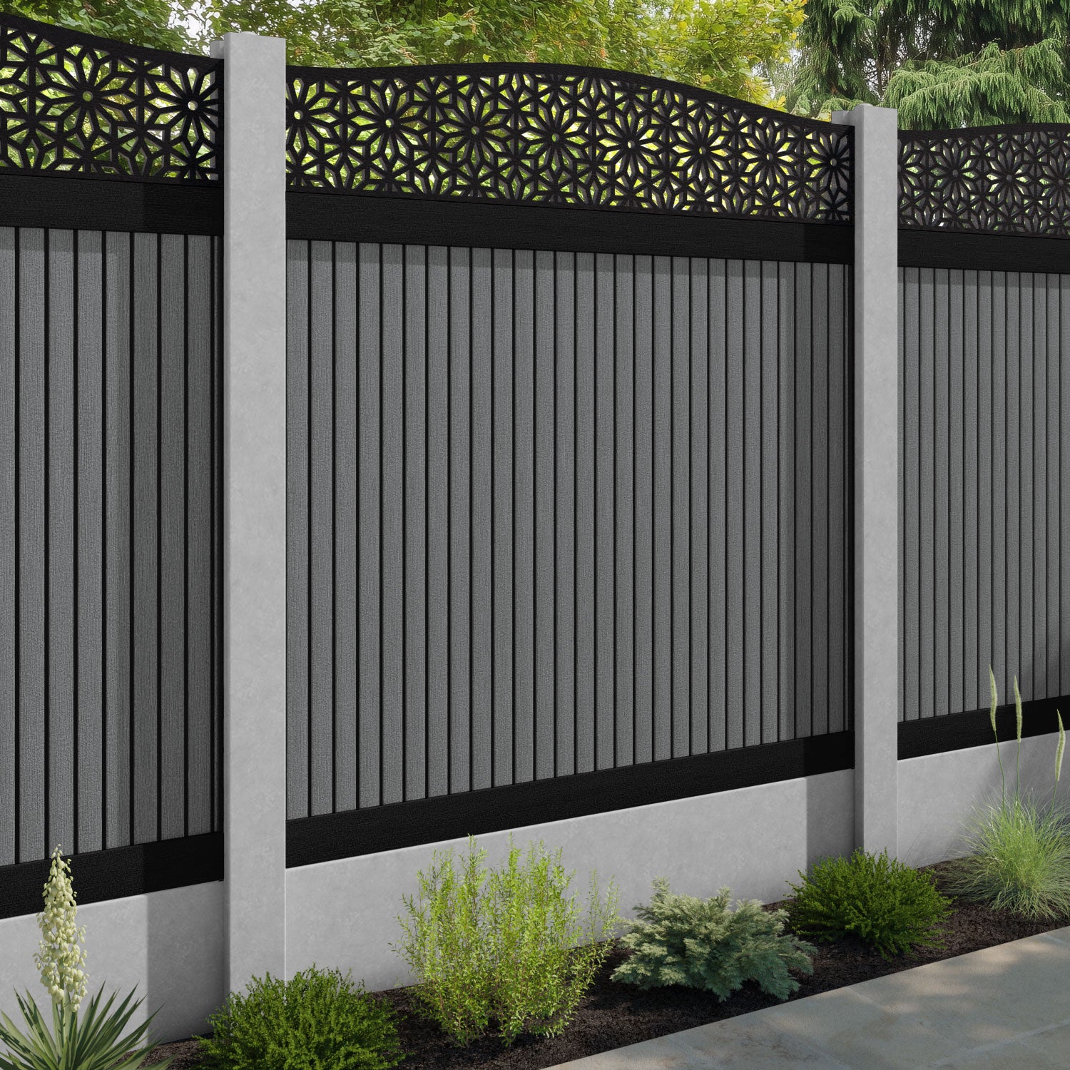 Virtis Narwa Curved Top Fence Panel - Mid Grey - for existing concrete posts