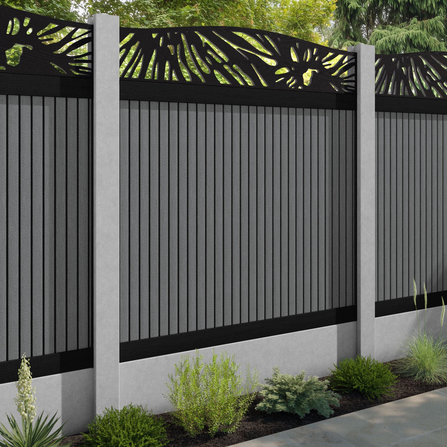 Virtis Poppy Curved Top Fence Panel - Mid Grey - for existing concrete posts