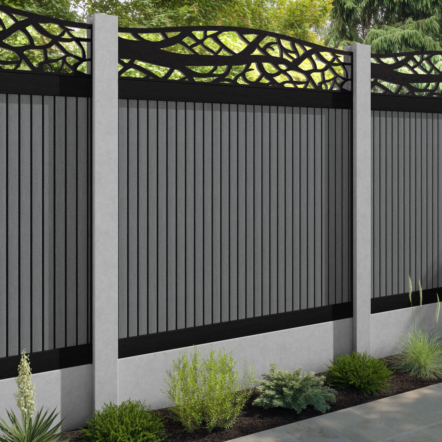 Virtis Twilight Curved Top Fence Panel - Mid Grey - for existing concrete posts