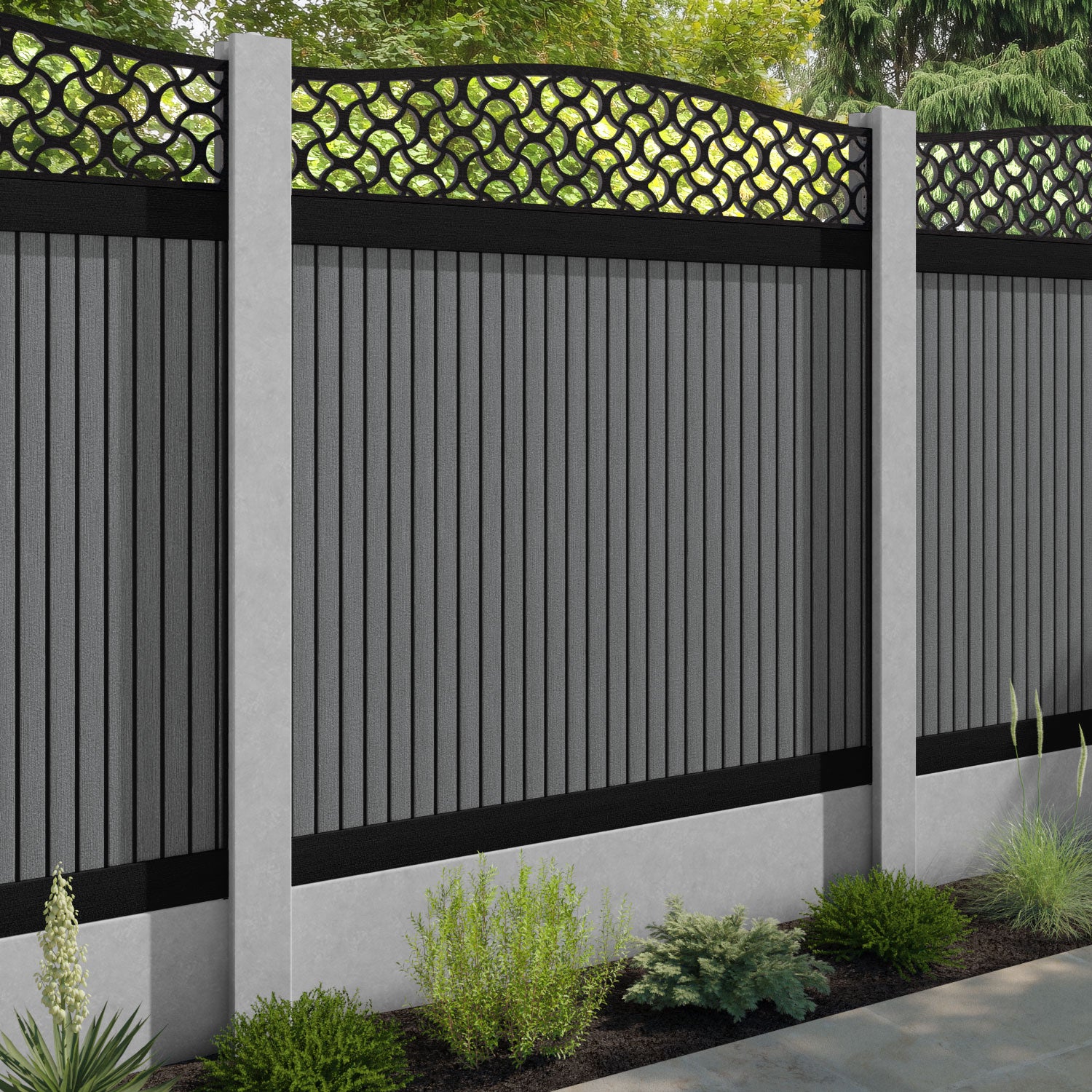 Virtis Vida Curved Top Fence Panel - Mid Grey - for existing concrete posts