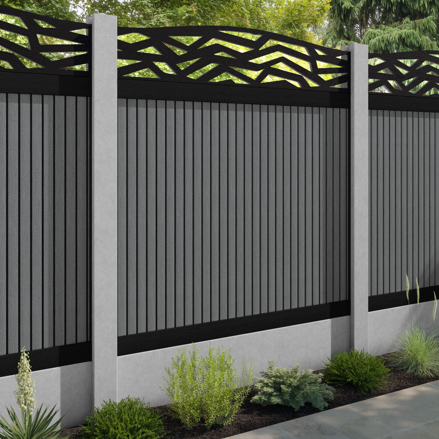 Virtis Zenith Curved Top Fence Panel - Mid Grey - for existing concrete posts