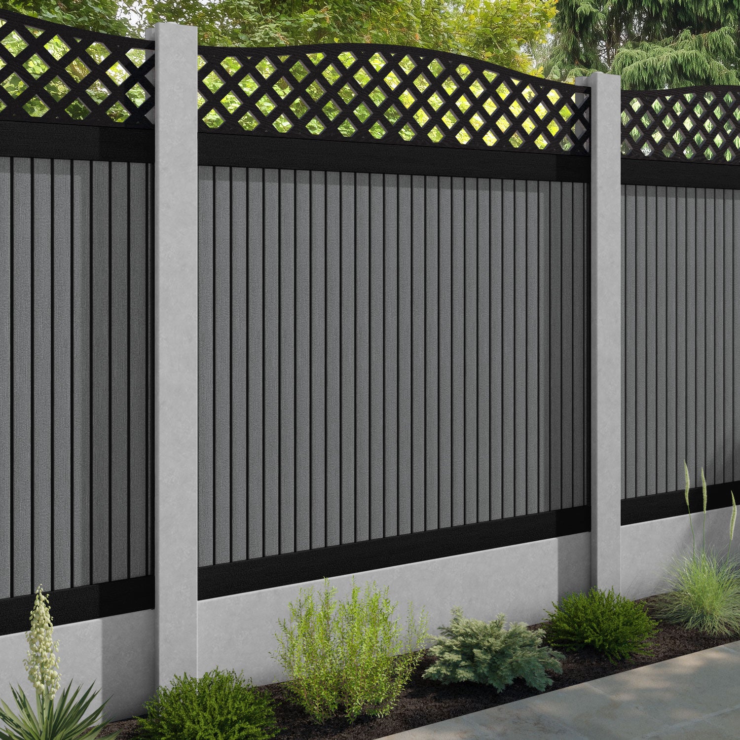Virtis High Wave Fence Panel - Mid Grey - for existing concrete posts