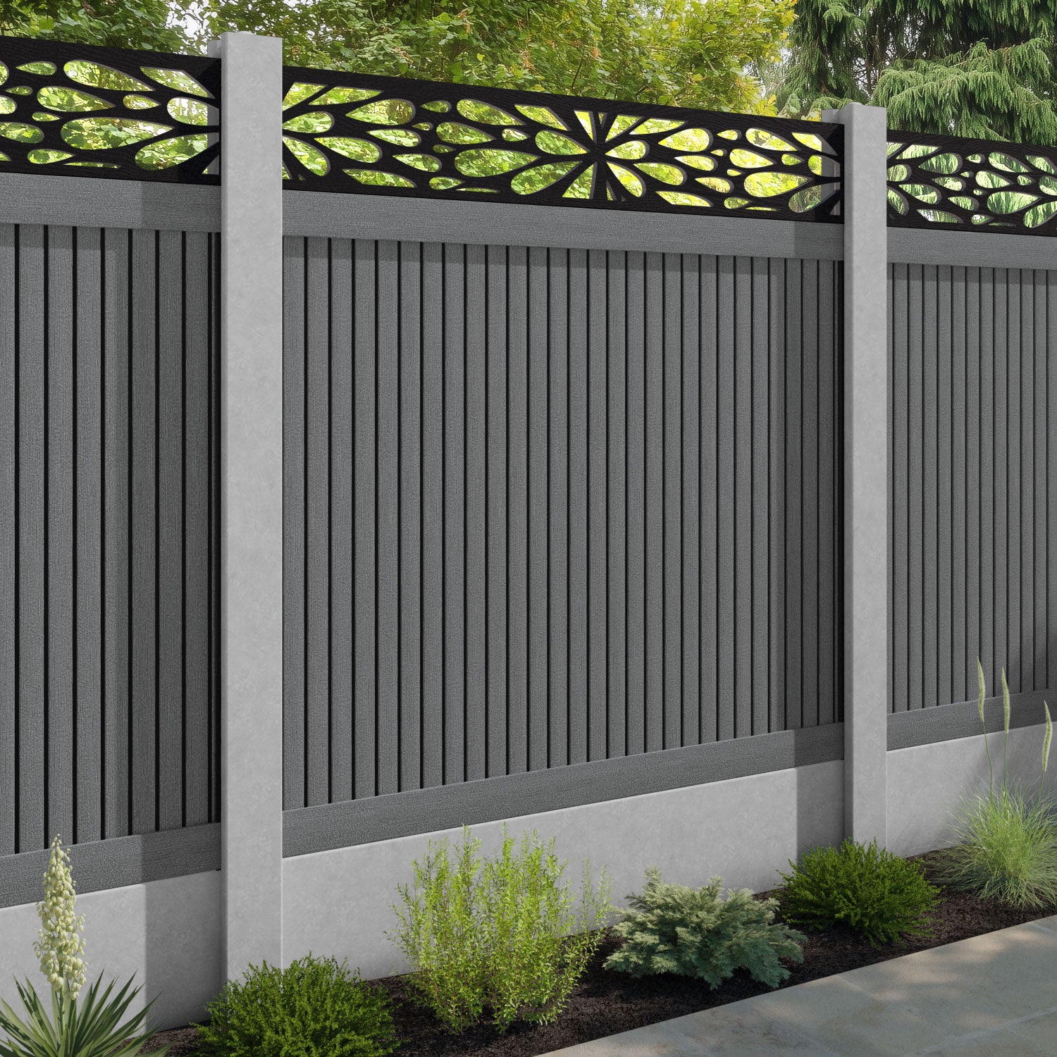 Virtis Blossom Fence Panel - Mid Grey - for existing concrete posts